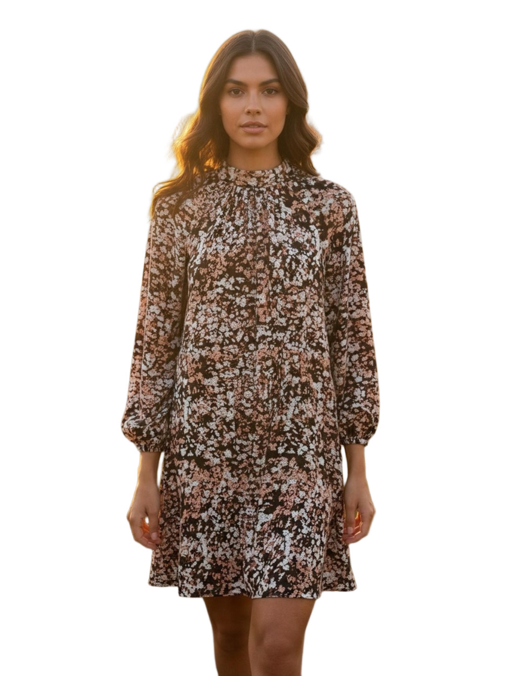 Halogen Ditsy Floral Chiffon High Neck Dress with Balloon Sleeves Size XS